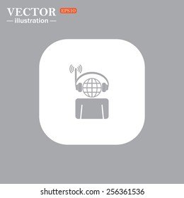 On a gray background gray icon,  with headphones listening to music, head planet. Vector illustration, EPS 10
