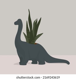 On a gray background, a pot with a green home plant. Vector flat image of a plant in a blue dinosaur pot. Design for postcards, posters, backgrounds, templates, textiles.
