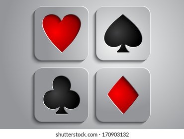 On a gray background with red and black card suits of gray icons of paper