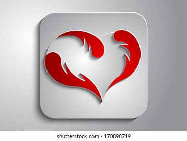 On a gray background gray and red heart made ??of paper on a gray icon