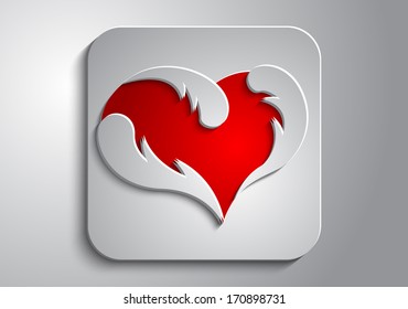On a gray background gray red heart made ??of paper on a gray icon