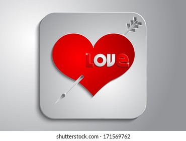 On a gray background red heart with an arrow icon on the gray paper