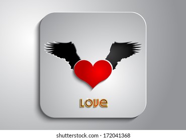 On a gray background red heart with black wings on a gray icon