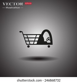 On a gray background with shadow. Shopping basket with cabin for children, vector illustration, EPS 10