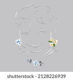 On a gray background, a sketch of the face of a girl, she has earrings and a necklace in the form of flowers
