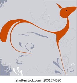 On a gray background, a sketch of an unprecedented red-haired slender beast. He runs and the grass-patterns crumple
