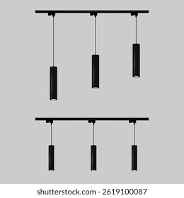 On a gray background, two horizontal black track lighting systems of cylindrical shape. Vector illustration EPS10.