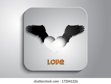 On a gray background white heart with black wings in the gray icon
