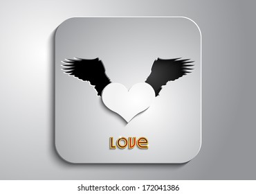 On a gray background white heart with black wings on a gray icon