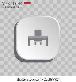 On a gray background white square with rounded corners. icon  desk and chair, a table in the office.  Vector illustration EPS 10