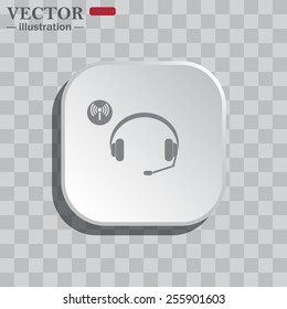 On a gray background white square with rounded corners. icon  Headphones. Musical accessories running through wi-fi network,  vector illustration, EPS 10