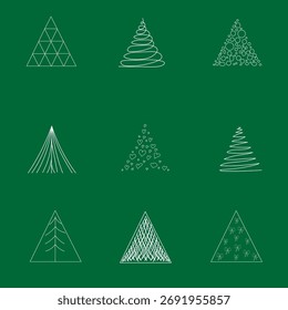 On a green background, the outlines of white triangular Christmas trees. The concept of Christmas and New Year