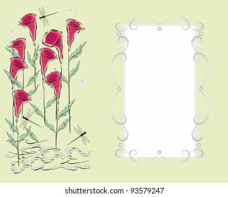 On a green background, seven red abstract flowers and a frame with silver monograms and a gradient. Dragonflies, beads. Empty background. Graphic abstract vector illustration. Postcard print, template