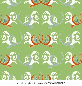 On a green background there are stylized plants of red, white, gray tones, reminiscent of ancient Russian painting.