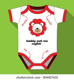 On green background white baby bodysuit with print and inscription in English.