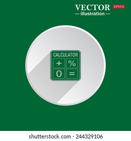 On a green background white circle with a shadow of the icon,   calculator, vector illustration, EPS 10