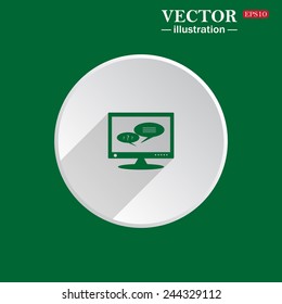 On a green background white circle with a shadow of the icon,   chat via computer , vector illustration, EPS 10