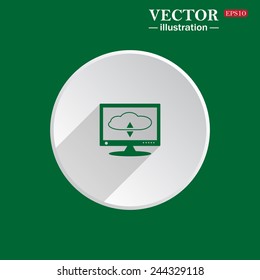 On a green background white circle with a shadow of the icon,  cloud storage on the computer, vector illustration, EPS 10