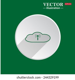 On a green background white circle with a shadow of the icon,  Cloud storage surrounded wi-fi network , vector illustration, EPS 10