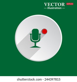 On a green background white circle with a shadow of the icon, Microphone. Voice recording, vector illustration, EPS 10