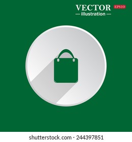 On a green background white circle with a shadow of the icon, Shopping basket, bag, vector illustration, EPS 10