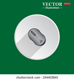 On a green background white circle with a shadow of the icon, realistic wireless mouse, vector illustration, EPS 10