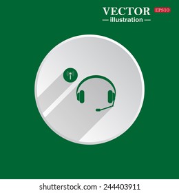 On a green background white circle with a shadow of the icon, Headphones. Musical accessories running through wi-fi network,  vector illustration, EPS 10