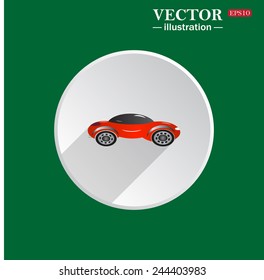 On a green background white circle with a shadow of the icon, red car , vector illustration, EPS 10