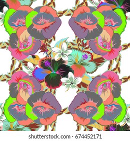 On a green backgroundVC seamless background pattern with tropical leaves and poppy flowers on a green background.