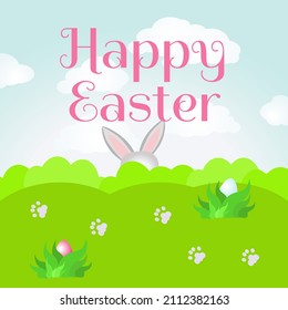 On the green field, painted eggs and animal tracks are visible, and the ears of the Easter Bunny stick out from behind. Vertical banner for spring holiday and text Happy Easter.