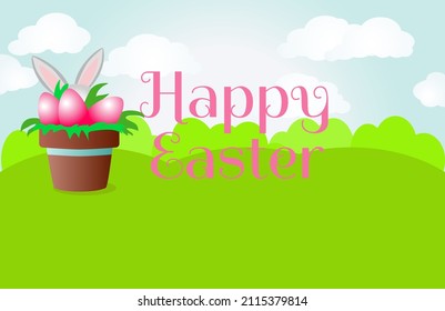 On the green grass is a decorative pot with painted eggs and the text Happy Easter. The ears of the Easter Bunny protrude from the back of the eggs. Horizontal spring banner.