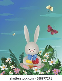 On the green lawn Easter bunny sits and holds in paws painted Easter eggs. Vector illustration