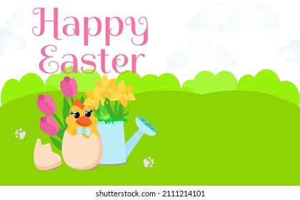On a green meadow there is a charming chicken in an egg. On the back are pink tulips and a watering can with yellow daffodils and rabbit footprints. Happy Easter text. A mood of joy and serenity.