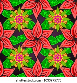 On green, pink and gray colors in watercolor style. Seamless spring pattern with petals flowers. Vector illustration.