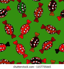 On green, red and black colors. Candy vector doodle. Seamless pattern with watercolor sweets candies.