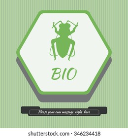 On a green striped background with white hexagon green outline inside which displayed green bee with the word BIO, a hexagon banner text. Vector illustration