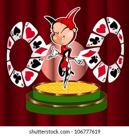 On a green table dancing a joker.In his hand is a card.