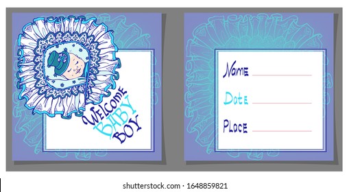 On the greeting card, a boy, on a blue background, depicts a child in a top hat with ruffles and folds of a blanket, on the other side of the window for inscriptions.