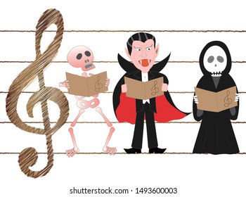 On Halloween Day, grim reaper, skeletons and vampires sing.
