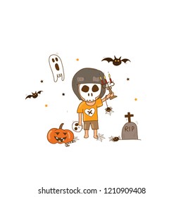 On Halloween night , A girl is wearing ghost mask who stand near grave and hold some candles. she has some friends such as ghost, ghost bat, spiders Venom.