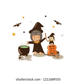 On halloween night, A little witch and her cat are cooking some poison.