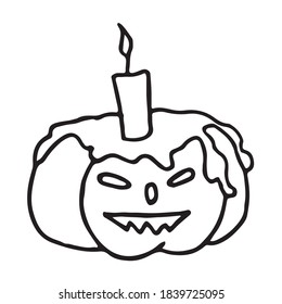 En Halloween, la calabaza tiene una vela ardiente. Ilustración vectorial en el estilo de doodle dibujado por un contorno.