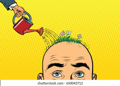 On the head of a bald man grow flowers. Watering can pours water on the flower bed. Pop art retro vector illustration