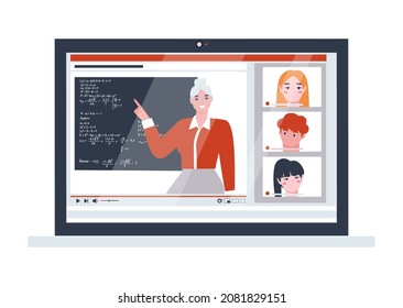 On her laptop screen, a woman teacher teaches an online lesson to her students. The concept of online learning. Flat vector illustration