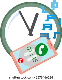 On hold music shown as notes flying out of pink mobile phone with green clock on background