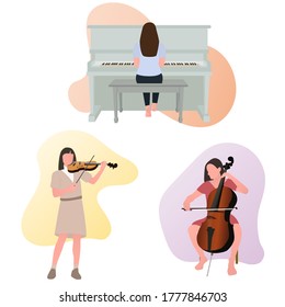 El fin de semana feriado en casa. Algunas personas pasan el tiempo de relax con música como el piano, el violín y la viola. En un nuevo concepto normal.