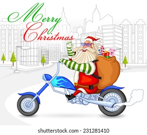 On Holy Christmas Santa biking with gifts     in vector