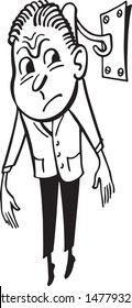 On The Hook - Cartoon Of Disgruntled Man Hanging By His Coat On Clothes Peg