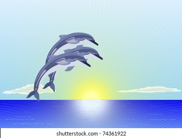 On the horizon of the ocean the sun shines. Against the blue sky group of dolphins