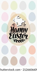 On a huge beige egg there is a white buddy jumping with joy, the text: Happy Easter, with eggs in the background, Happy Easter celebration. vector.

